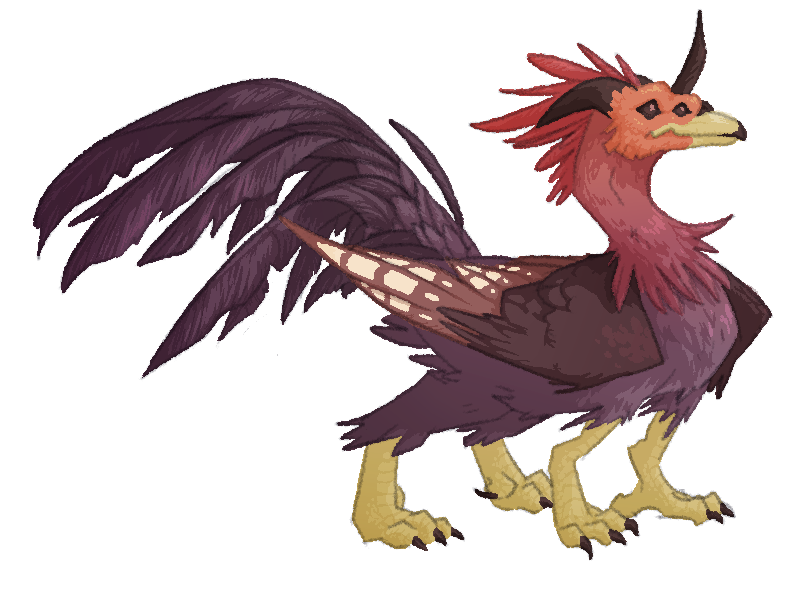 a gryphon-like creature with 4 beady eyes, three horns, and chicken-like features with large sickle feathers on it's tail.